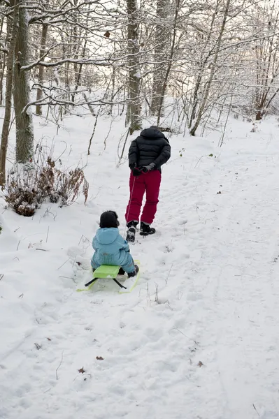 Mère tirant traîneau à neige vers le haut d'une colline — Photo