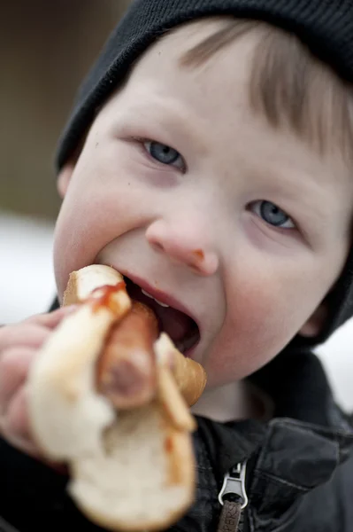 Ung gutt spiser en pølse. – stockfoto
