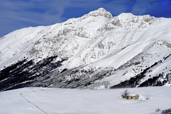 Vinterlandskap med hut och blå himmel — Stockfoto