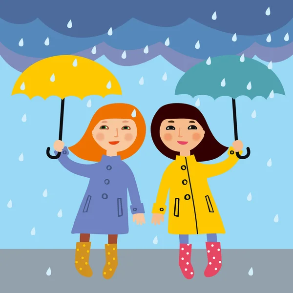 Two little girls in the rain, vector illustration — Stock Vector