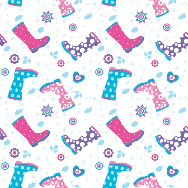 Seamless pattern with rain drops and colorful rubber boots — Stock Vector