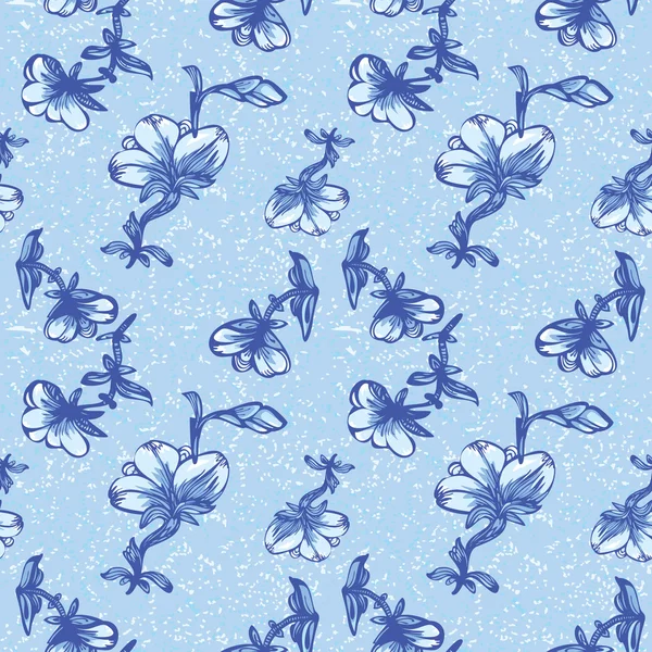 Άνευ ραφής λουλουδάτο μοτίβο με λουλούδια και φύλλα σε μπλε — Διανυσματικό Αρχείο