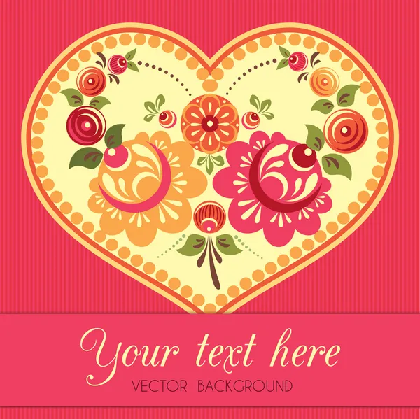 Flower greeting card with heart in folk style — Stock Vector