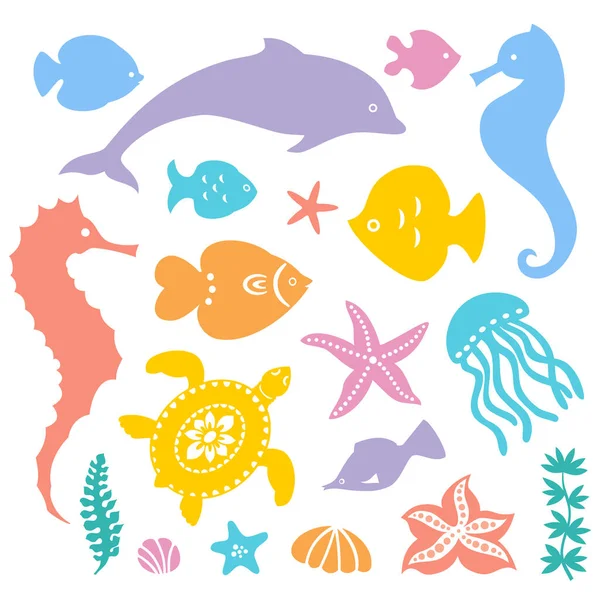 Sea Animals Set Silhouette Cut Files — Stock Vector