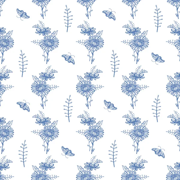 Λουλούδια Και Πεταλούδες Χωρίς Ραφή Μοτίβο Λουλουδιών Μπλε Και Άσπρο — Διανυσματικό Αρχείο