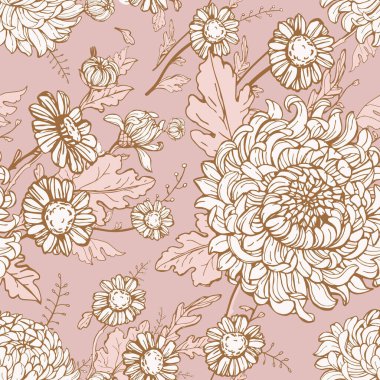 Pembe kasımpatılar, sonbahar çiçekleri, dikişsiz çiçek desenleri.