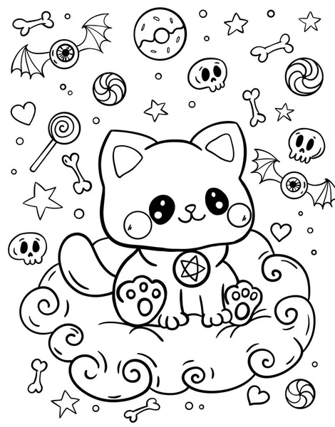 Kawaii Coloring Page Cat Sitting Clouds Mystic Black White Illustration — Stock Photo, Image