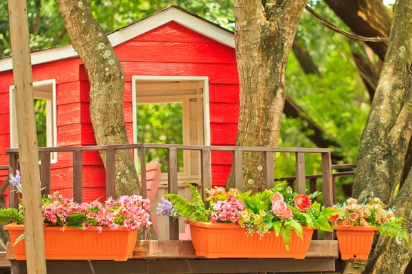 花と木のトップ上の小さな家 — ストック写真