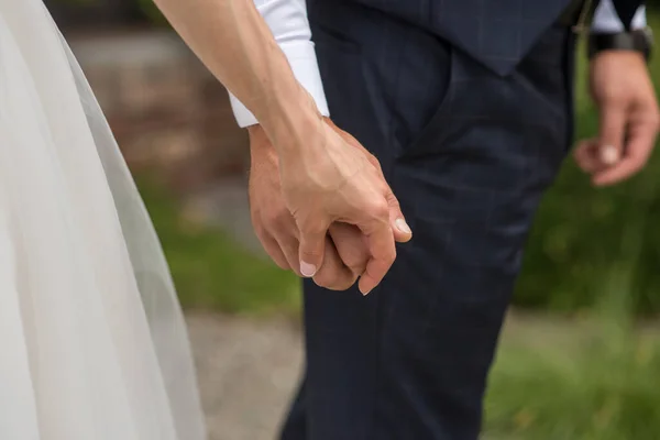 Brud Och Brudgummen Håller Varandra Handen — Stockfoto