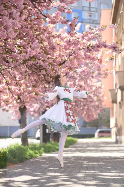 一个漂亮的女孩在乌克兰Vyshyvanka 樱花中的芭蕾 街上的芭蕾舞团乌克兰女孩 — 图库照片