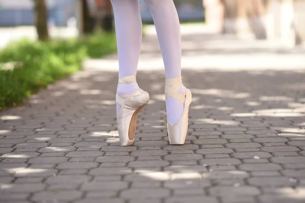舞尖鞋 跳舞的鞋子舞会和春天 穿着尖皮鞋的芭蕾舞演员的腿 — 图库照片