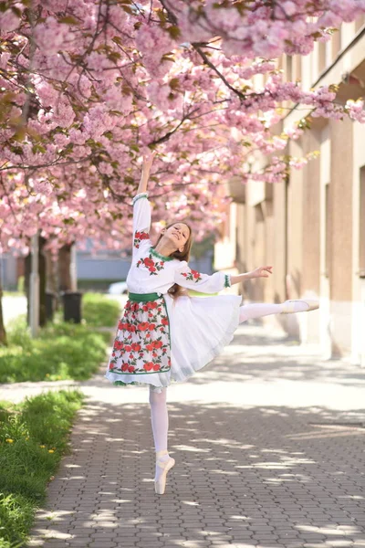 Beautiful Girl Ukrainian Vyshyvanka Ballerina Cherry Blossoms Ballet Street Ukrainian — Foto Stock