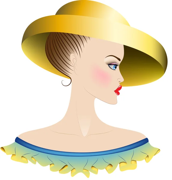 Lady in yellow hat and dress with ruches — Stock Vector