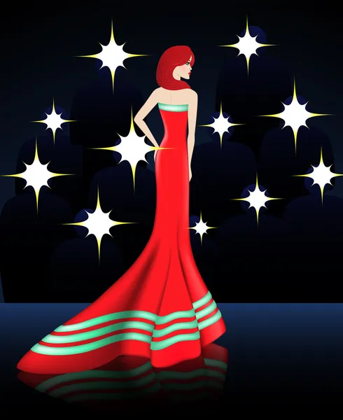Lady in Elegant Red Long Dress - Stok Vektor