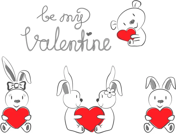 Conejos de San Valentín y oso con corazón rojo — Vector de stock