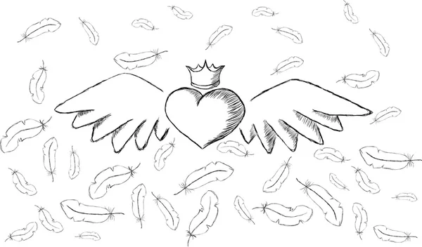 Coeur avec ailes et plumes autour — Image vectorielle