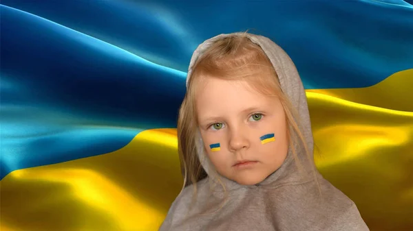 Ukraińskie Dziecko Tle Flagi Módl Się Ukrainę Narysowana Flaga Policzku — Zdjęcie stockowe