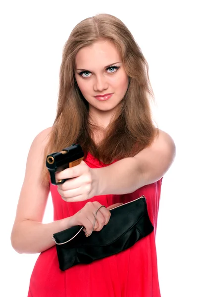 Beautiful girl aims a gun — Stock Photo, Image
