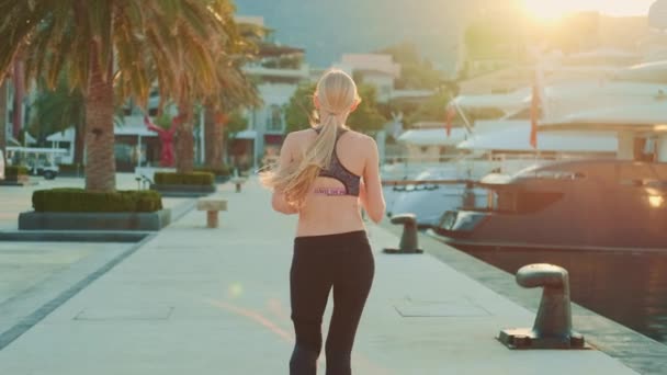 Blonde woman jogging in southern country in the rays of morning sun — Stock videók