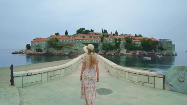 Charming young lady in hat and nice dress walking on the bridge — 图库视频影像