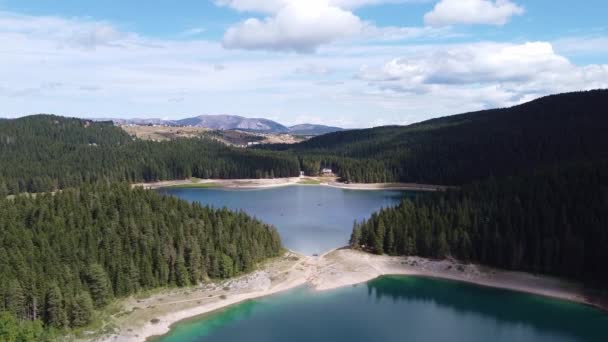 Luchtfoto van bergachtig oppervlak met naaldbos en hemelsblauwe meren binnenin — Stockvideo