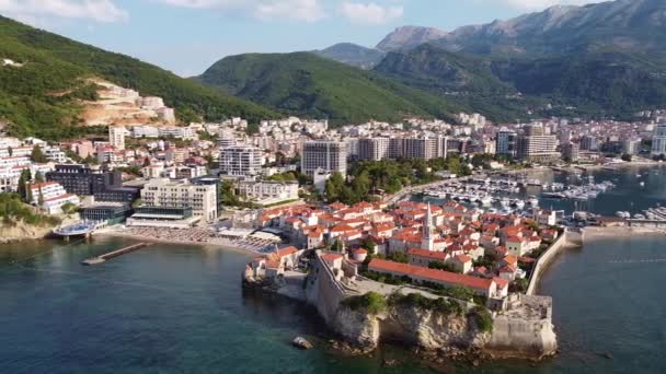Panorama with coastal city with beautiful nature. Drone Shot of old town Budva in Montenegro. — 图库视频影像