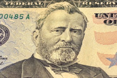 50 Amerikan Doları 'na yakın çekim. Başkan ve General Ulysses Grant 'in portresi 50 Amerikan doları banknotunda..