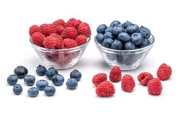 Fresh Raspberries Blueberries Glass Bowls Isolated White Background Berries Bowl — стоковое фото