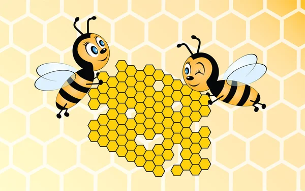 Two bees holding honeycomb on yellow background — Stock Vector