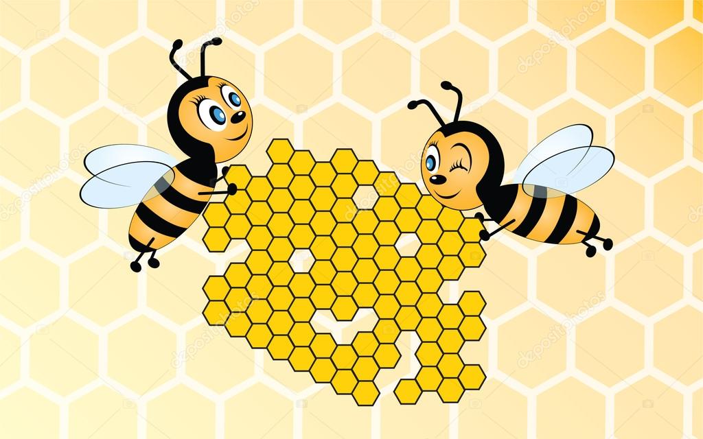 Two bees holding honeycomb on yellow background