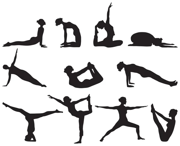 Beyaz zemin üzerinde yoga pozisyonları Silhouettes — Stok Vektör