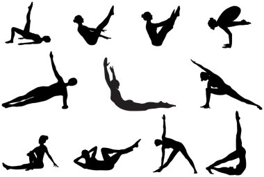 Pilates silhouettes of working out and stretching on the white b clipart