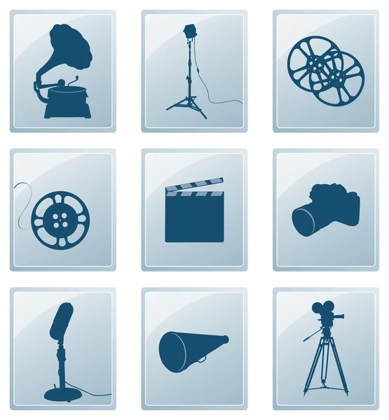 simgeler, gramofon, reflektör, film, cam retro siluetleri ile