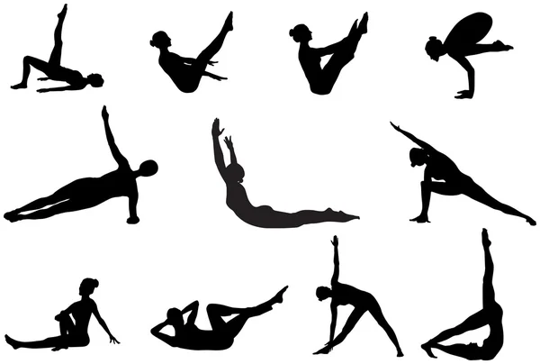 Pilates sagome di allenamento e stretching sul bianco b — Vettoriale Stock