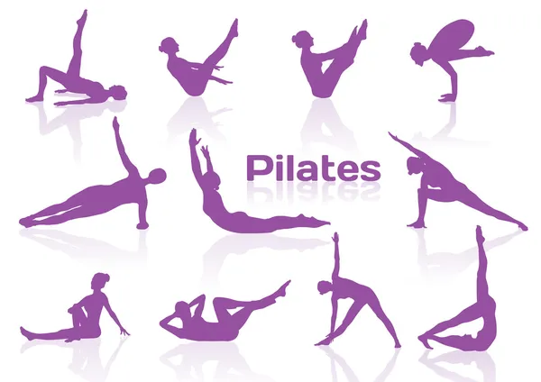 Pilates pose en silhouettes violettes — Image vectorielle