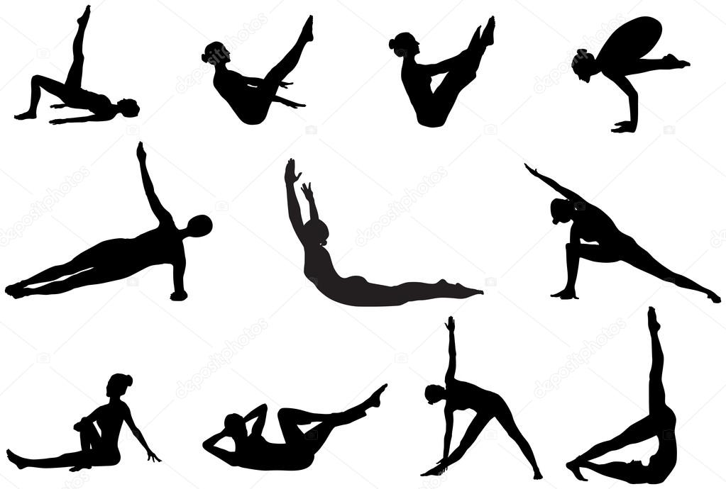 Pilates silhouettes of working out and stretching on the white b