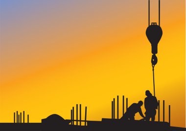 The sunset background with silhouettes of construction workers clipart