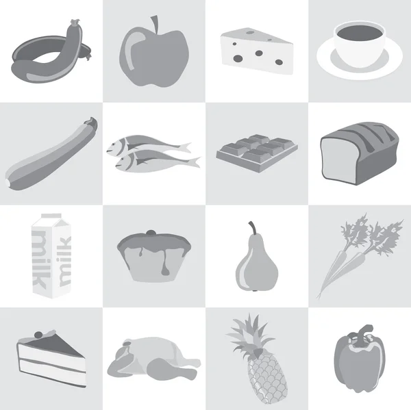 Food icons in black and white; sausage, apple, cheese, coffee, z — Stock Vector