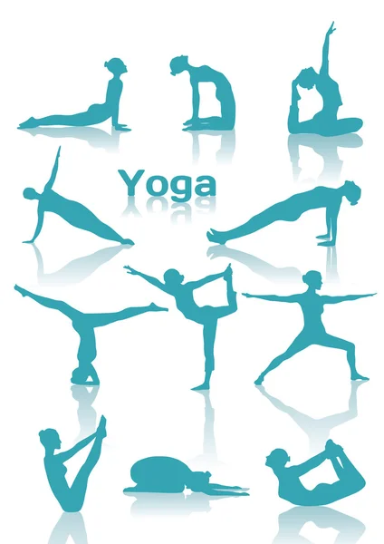 Posiciones de yoga siluetas verdes — Vector de stock