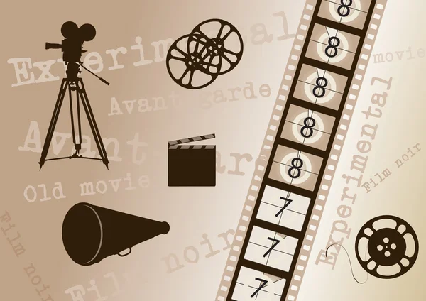 Cámara de cine, tira de película, aplaudidor de director, megáfono y película r — Archivo Imágenes Vectoriales