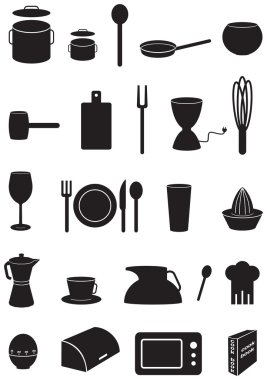 mutfak Icons set, siyah siluetler, beyaz zemin üzerine