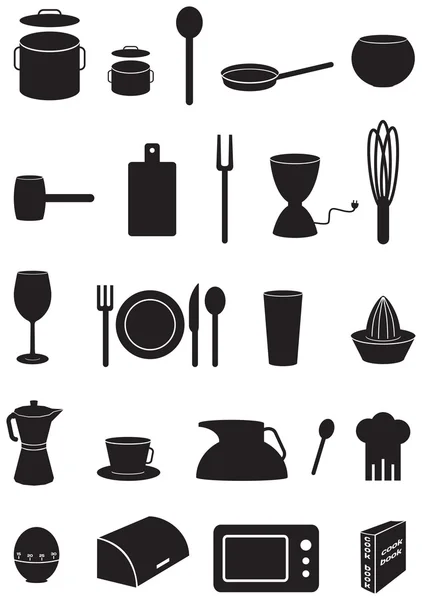 Kitchen icons set, black silhouettes, on white background — Stock Vector