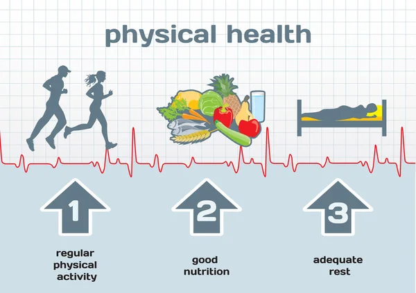 Fysisk hälsa diagram: fysisk aktivitet, bra kost, Mikaela — Stock vektor