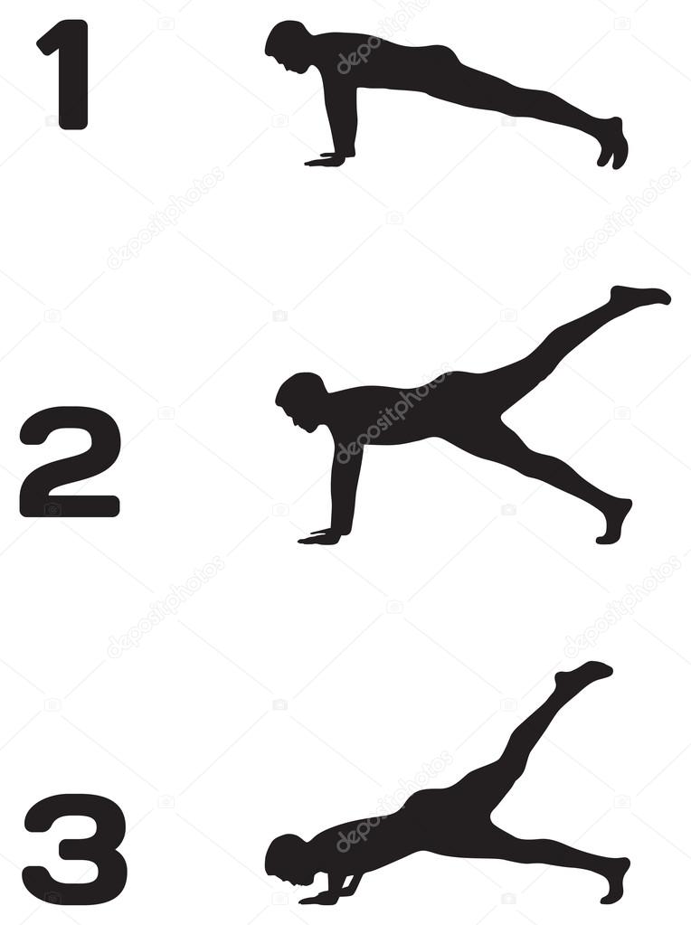 Man doing push ups in three steps black silhouettes on white bac