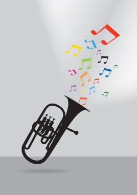Trumpet silhouette in colorful musical concept on gray backgroun clipart