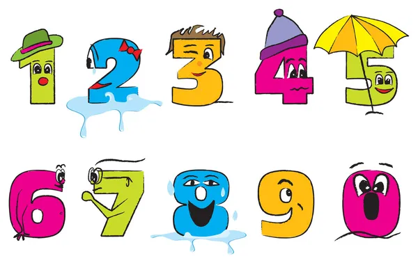 Números coloridos felizes de zero a nove com rostos engraçados para th —  Vetores de Stock