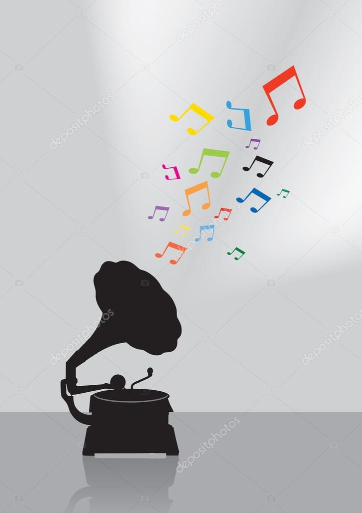 Vintage gramophone silhouette in colorful musical concept on the