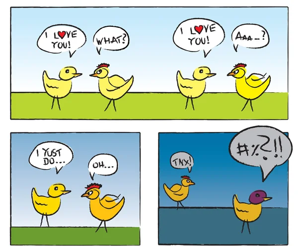 Dos pollos teniendo una conversación de amor en estilo cómico — Vector de stock