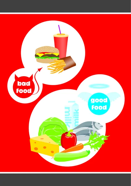 Zdrowe i niezdrowe jedzenie koncepcja dobra i zła — Wektor stockowy