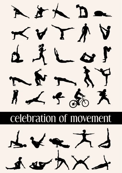 Celebration of movement in 35 human silhouettes in various moves — Stock Vector